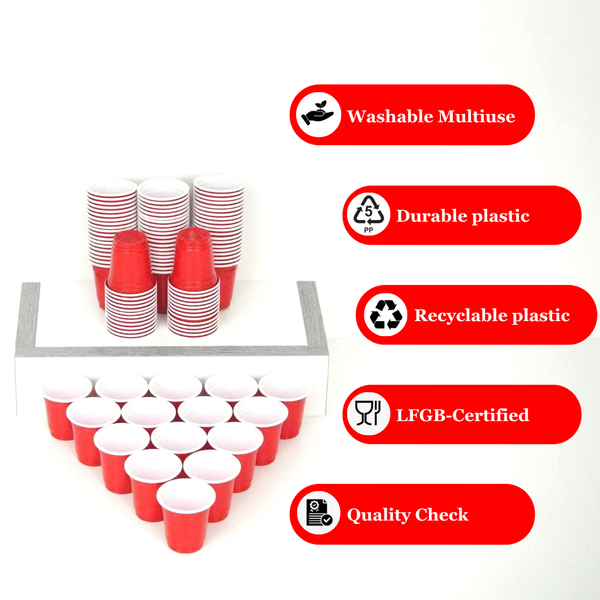 Pack of 100 red plastic shot cups, durable, washable, and recyclable, 2 oz capacity, perfect for parties