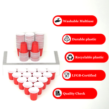 Pack of 100 red plastic shot cups, durable, washable, and recyclable, 2 oz capacity, perfect for parties