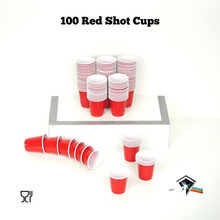 Pack of 100 red plastic shot cups, washable and reusable, 2 oz capacity, perfect for parties