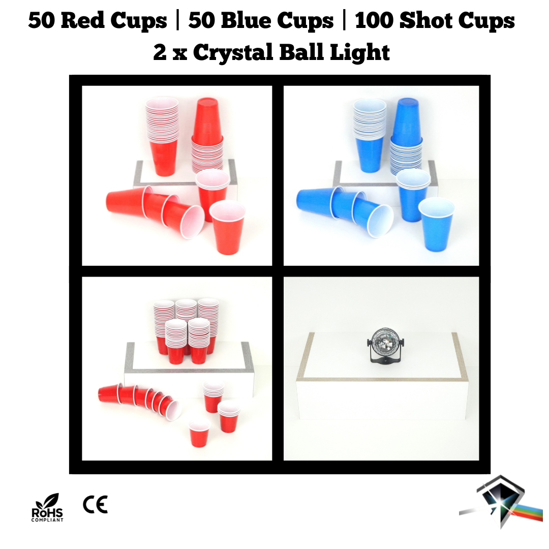 Party Cups - / Party Light Bundle: 50 Blue / 50 Red Beer Pong & Drinking Cups | 100 Red Shot Cups | 2 * Small Crystal Disco Ball Light