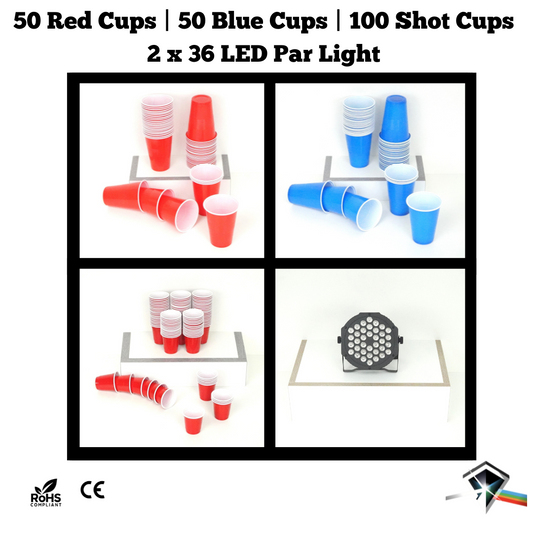 Partybecher-/  Partylichtpaket: 50 blaue / 50 rote Bierpong & Trinkbecher | 100 rote Shotbecher | 2 * 36 LED Par Licht 