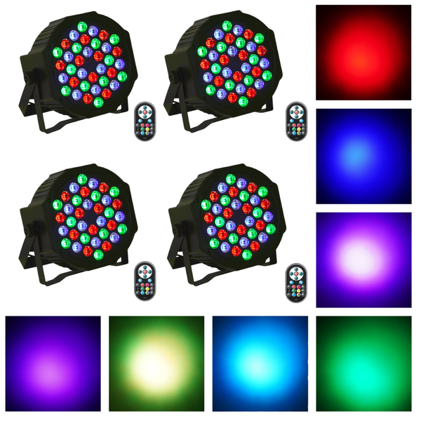 Party Lights Bundle: 4 * 36 LED Par Light with RGB Color Mixing, Strobe Effect, and Sound-Activated Lighting in 8 Colors