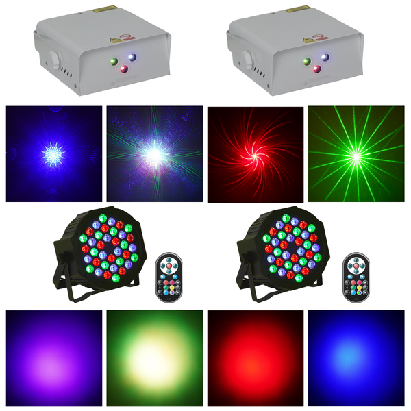 Party Lights Bundle: 2 * White Laser Light; 3-Laser with Strobe Effects | 2 * LED Par Lights; RGB Color Mixing