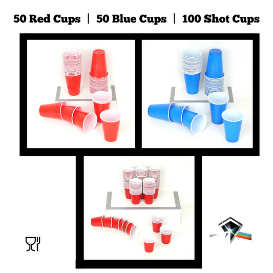 Partybecher-Paket: 50 blaue / 50 rote Bierpong- & Trinkbecher | 100 rote Shotbecher