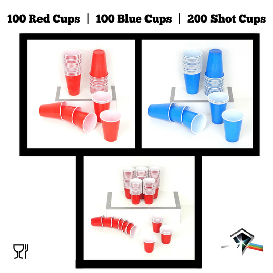 Party Cups Bundle: 100 Blue / 100 Red Beer Pong & Drinking Cups | 200 Red Shot Cups