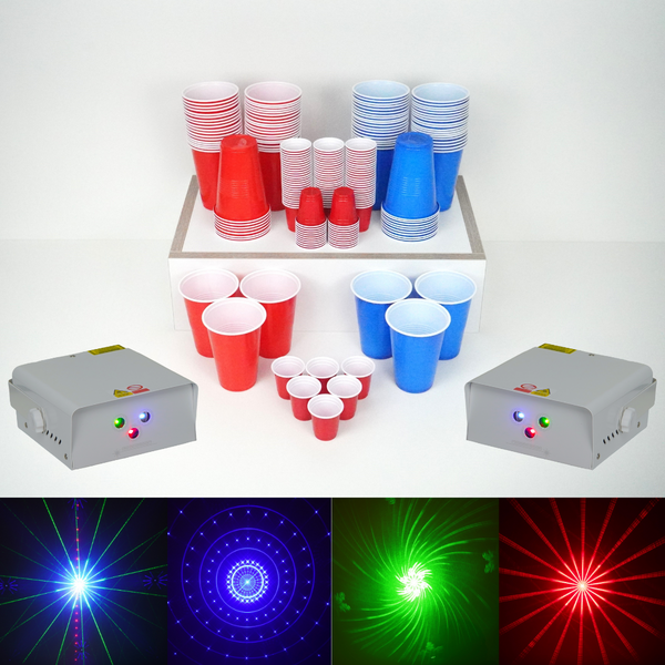 Party Cups - / Party Light Bundle: 50 Blue / 50 Red Beer Pong & Drinking Cups | 100 Red Shot Cups | 2 * 3-Laser RGB Effects