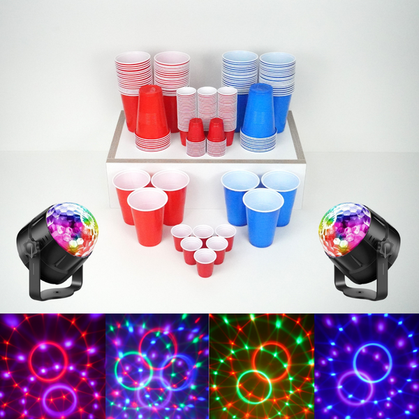 Party Cups - / Party Light Bundle: 50 Blue / 50 Red Beer Pong & Drinking Cups | 100 Red Shot Cups | 2 * Small Crystal Disco Ball Light