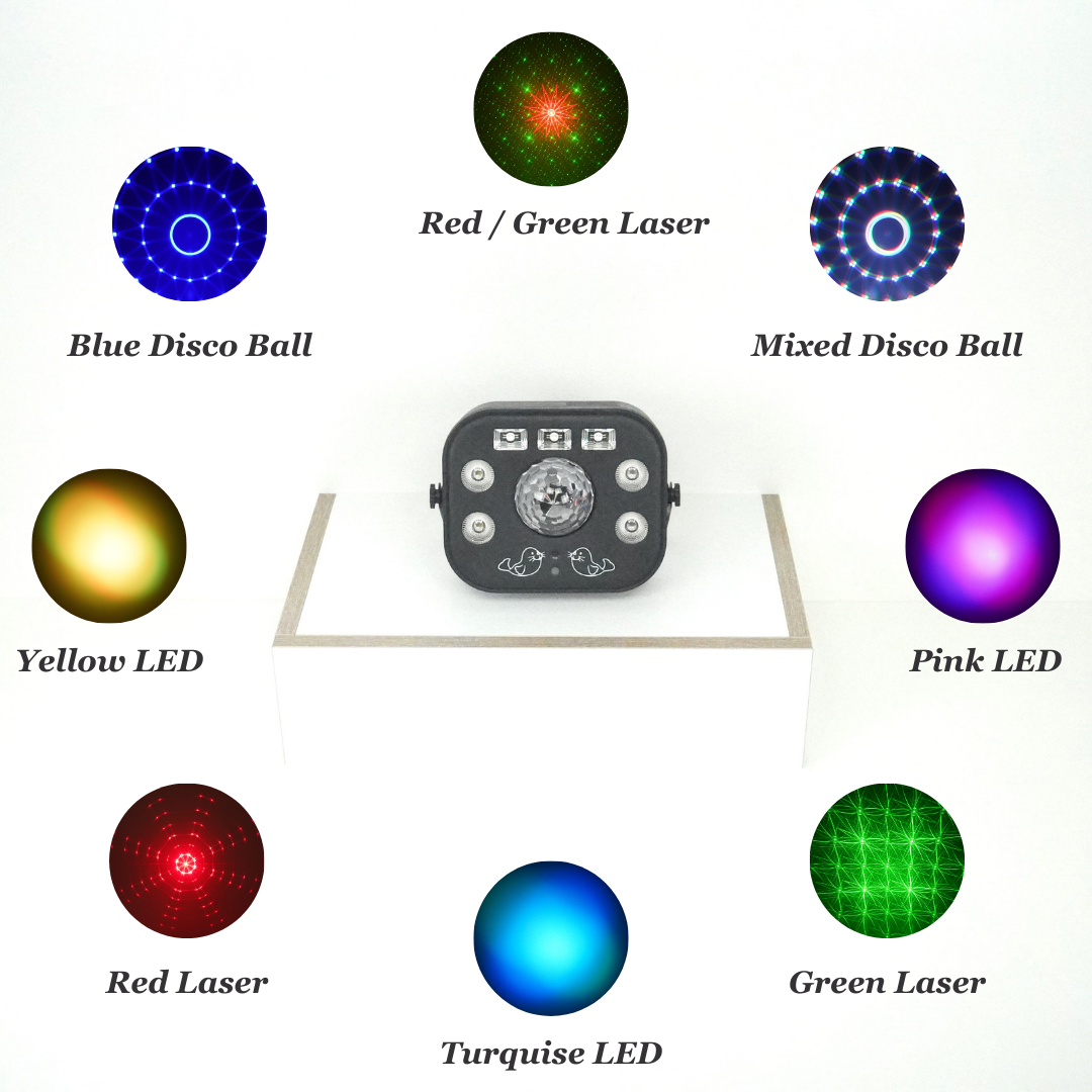 Party Lights Bundle: 2 * 5-in-1 Party Light; Laser, Flash, Magic Ball, LED and Ultraviolet | 2 * LED Par Lights; RGB Color Mixing