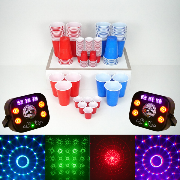 Party Cups - / Party Light Bundle: 50 Blue / 50 Red Beer Pong & Drinking Cups | 100 Red Shot Cups| 2 * 5-in-1 Party Light