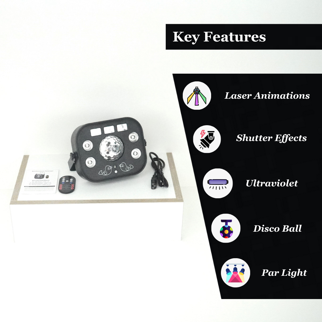 5-in-1 party light with key features and shutter effects, showcasing dynamic light patterns