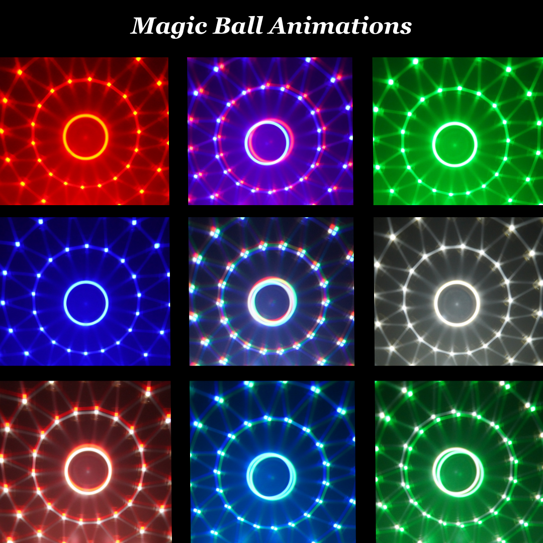 5-in-1 party light with magic ball animations, showcasing colorful and dynamic effects