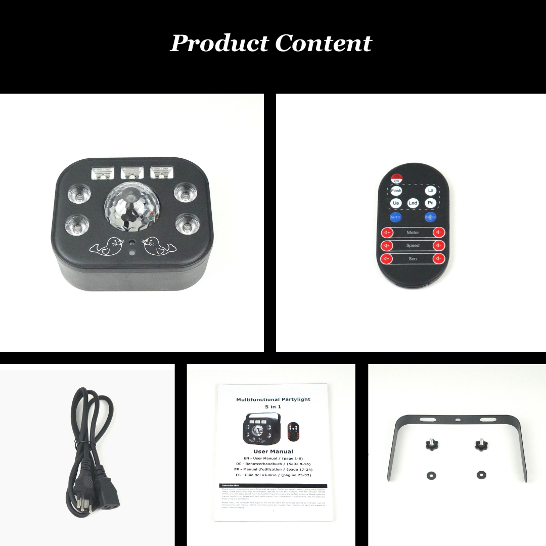 5-in-1 party light product contents, showing all included items 