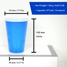 50 blue beer pong cups with 16 oz capacity, showcasing dimensions, weight, and design