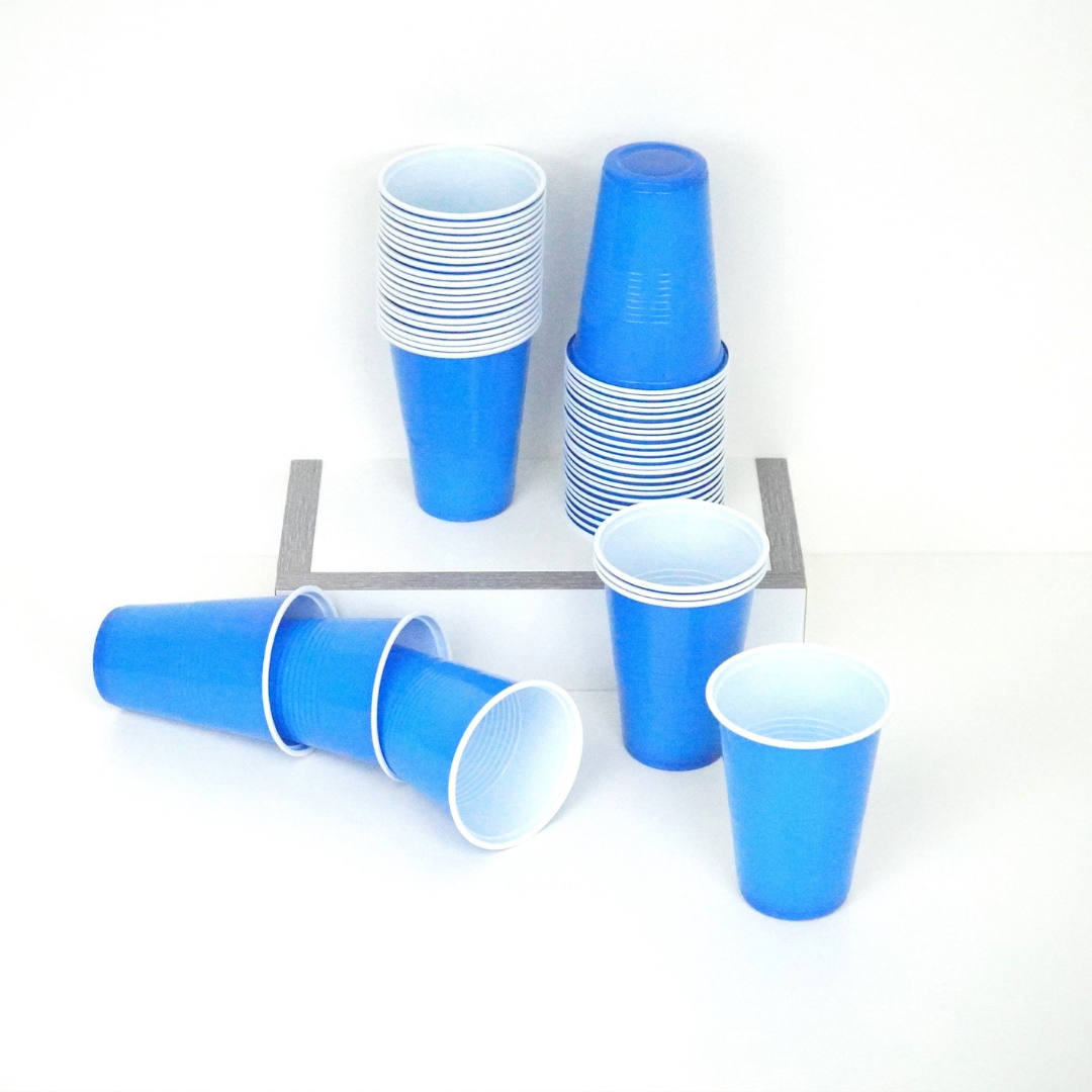 50 blue beer pong cups, 16 oz capacity, made of durable plastic