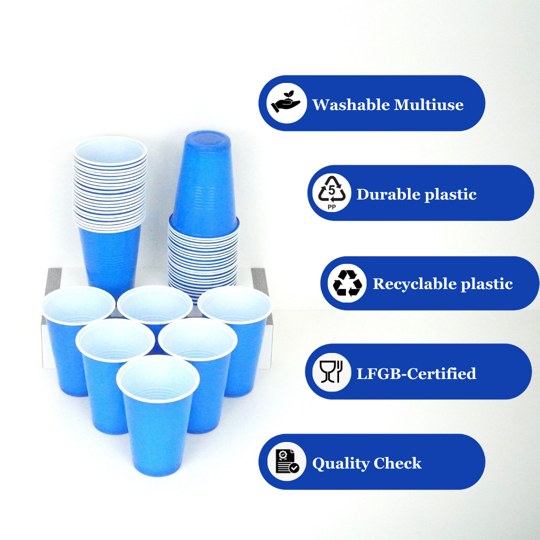 50 blue beer pong cups with 16 oz capacity, featuring durable plastic design