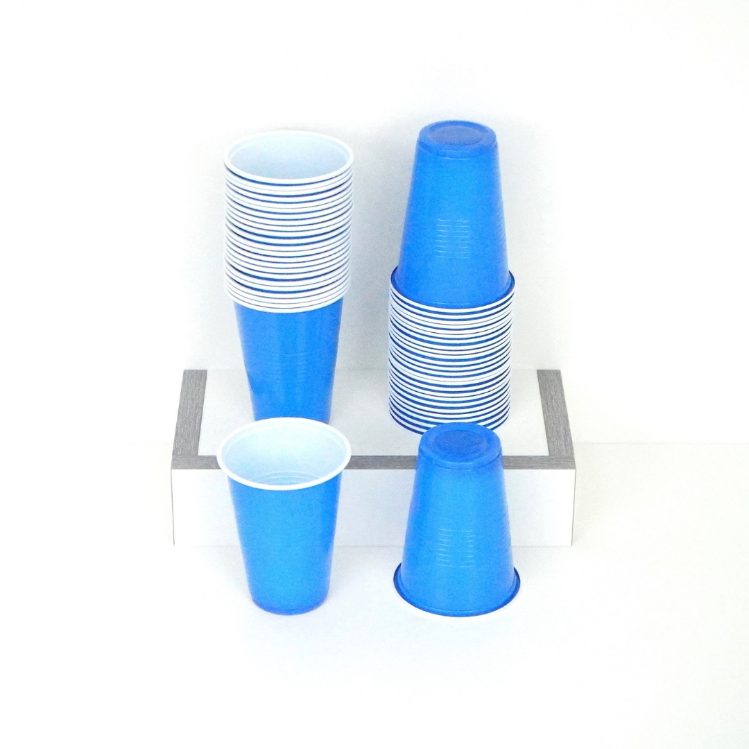 50 blue beer pong cups, 16 oz capacity, made from recyclable plastic