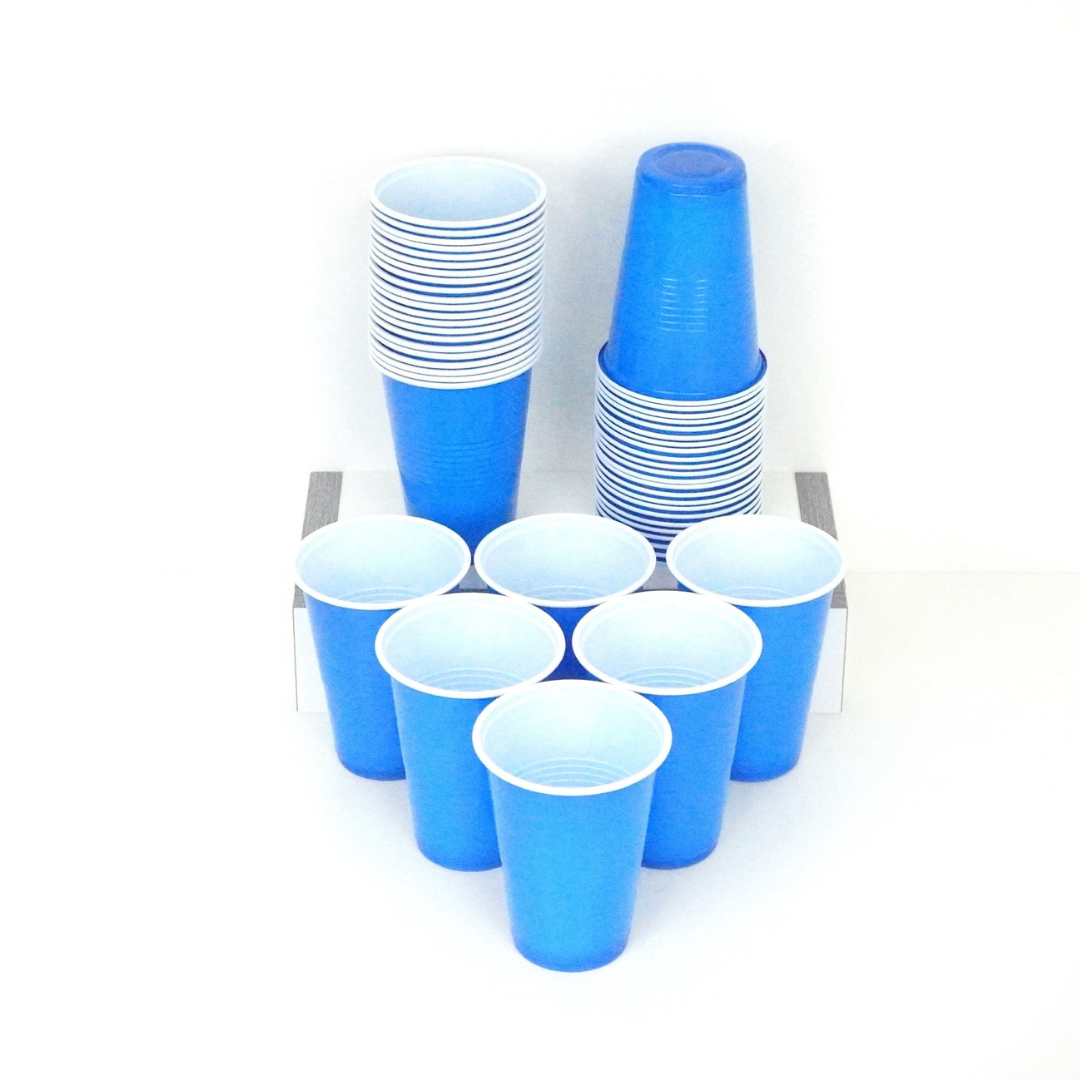 50 blue beer pong cups, 16 oz capacity, washable and multiuse