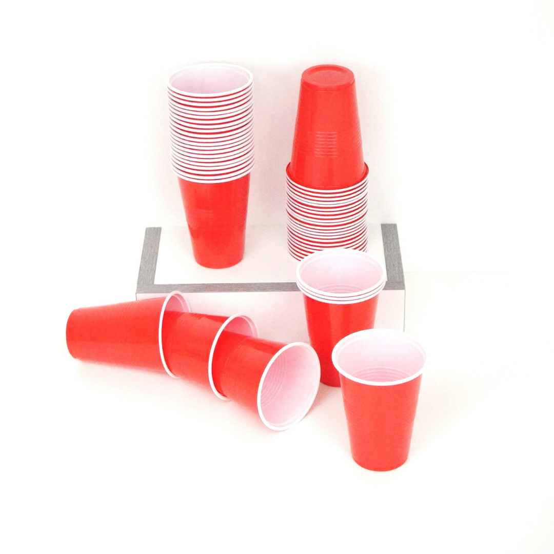 50 red beer pong cups, 16 oz capacity, ideal for drinking games and parties