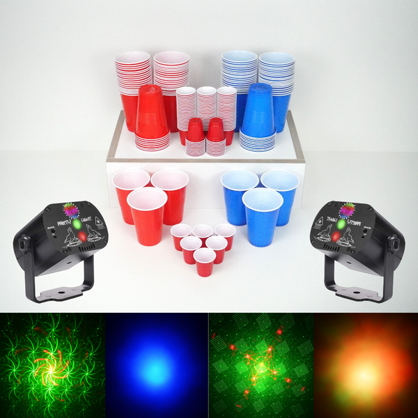 Party Cups - / Party Light Bundle: 50 Blue / 50 Red Beer Pong & Drinking Cups | 100 Red Shot Cups | 2 * 60 Patterns Mini Laser Disco Light