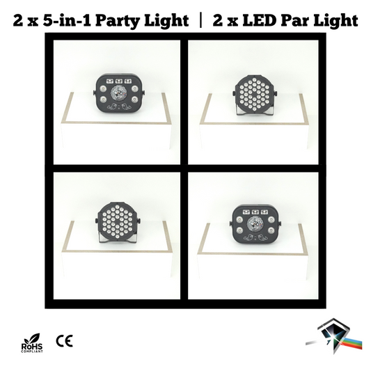 Partylicht-Paket: 2 * 5-in-1-Partylicht; Laser, Blitz, Zauberball, LED und Ultraviolett | 2 * LED-PAR-Lichter; RGB-Farbmischung 