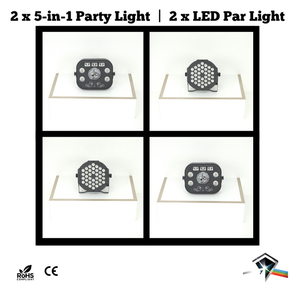 Party Lights Bundle: 2 * 5-in-1 Party Light; Laser, Flash, Magic Ball, LED and Ultraviolet | 2 * LED Par Lights; RGB Color Mixing