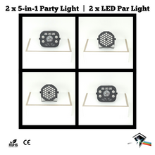 Party Lights Bundle: 2 * 5-in-1 Party Light; Laser, Flash, Magic Ball, LED and Ultraviolet | 2 * LED Par Lights; RGB Color Mixing