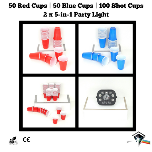 Partybecher-/  Partylichtpaket: 50 blaue / 50 rote Bierpong & Trinkbecher | 100 rote Shotbecher | 2 * 5-in-1 Partylicht 