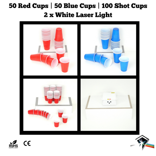 Party Cups - / Party Light Bundle: 50 Blue / 50 Red Beer Pong & Drinking Cups | 100 Red Shot Cups | 2 * 3-Laser RGB Effects