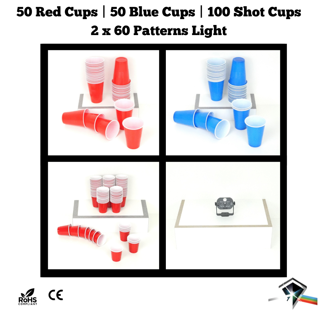 Party Cups - / Party Light Bundle: 50 Blue / 50 Red Beer Pong & Drinking Cups | 100 Red Shot Cups | 2 * 60 Patterns Mini Laser Disco Light