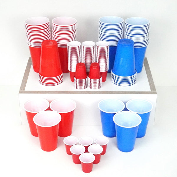 Party Cups Bundle: 50 Blue / 50 Red Beer Pong & Drinking Cups | 100 Red Shot Cups