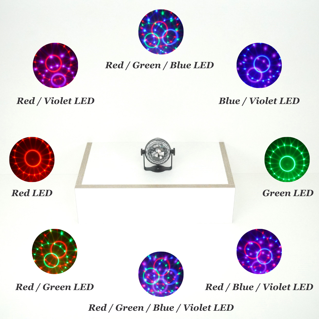 Small crystal disco ball party light with different effects, showcasing a variety of dynamic and colorful lighting patterns