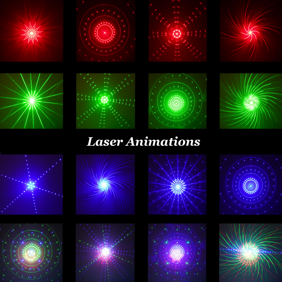 White laser party light with red, green, and blue laser animations, showcasing mixed color effects